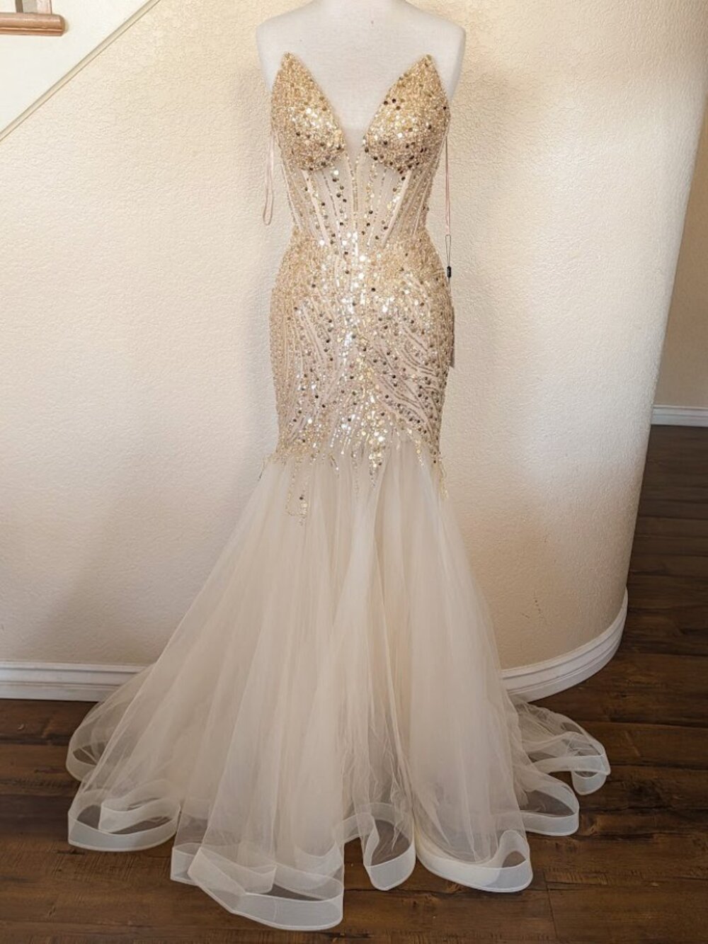 Formal Champagne Sequin Strapless Corset Prom  Dress 4